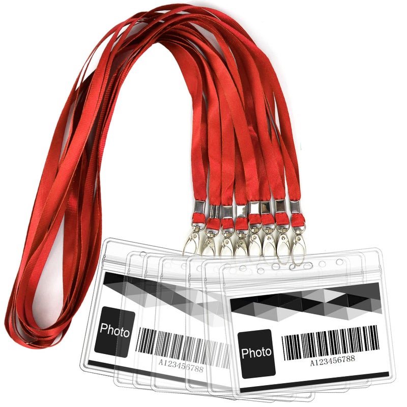 Ollain Lanyards with ID Badge Holder Cruise Lanyards 50 Pack Clear Horizontal PVC Waterproof Name Tag ID Badge Holder and 50 Pcs Flat Neck Lanyard with Swivel Hook for for Offices School (Red) - Image 1